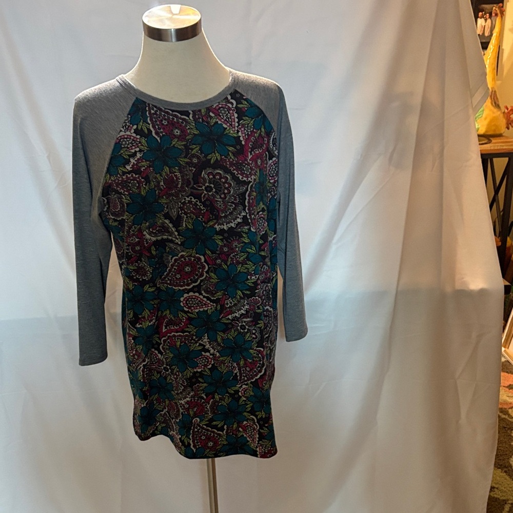 LuLaRoe Floral Long Sleeve Tee - Blue and Gray